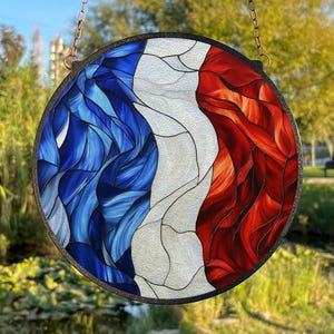 French Flag Painted Stained Glass Suncatcher, Window Hanging Decor, Outdoor Sun Catcher Decor, French Travel Decor, French Flag Glass Art