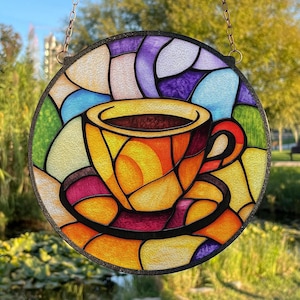Kleurrijk koffiekopje gebrandschilderd glas, raam hangend decor, keuken Suncatcher decor, espresso Suncatcher, bar kar decor, koffieliefhebber cadeau