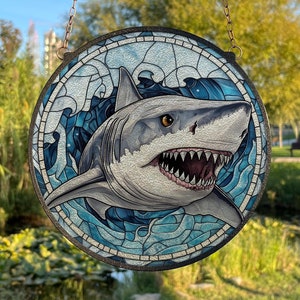 Shark Painted Stained Glass Suncatcher, Window Hanging Decor, Outdoor Sun Catcher Decor, Sea Animals Home Decor, Seascape Art