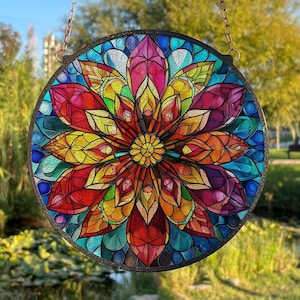 Mandala Painted Stained Glass Suncatcher, Window Hanging Decor, Outdoor Sun Catcher Decor, Mirrorball Wall Decor