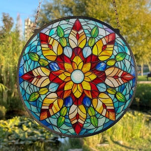 Geometric Colorful Mandala Suncatcher Window Hanging, Stained Glass Style Art, Indoor Decor, Geometric Suncatcher, Garden Decor