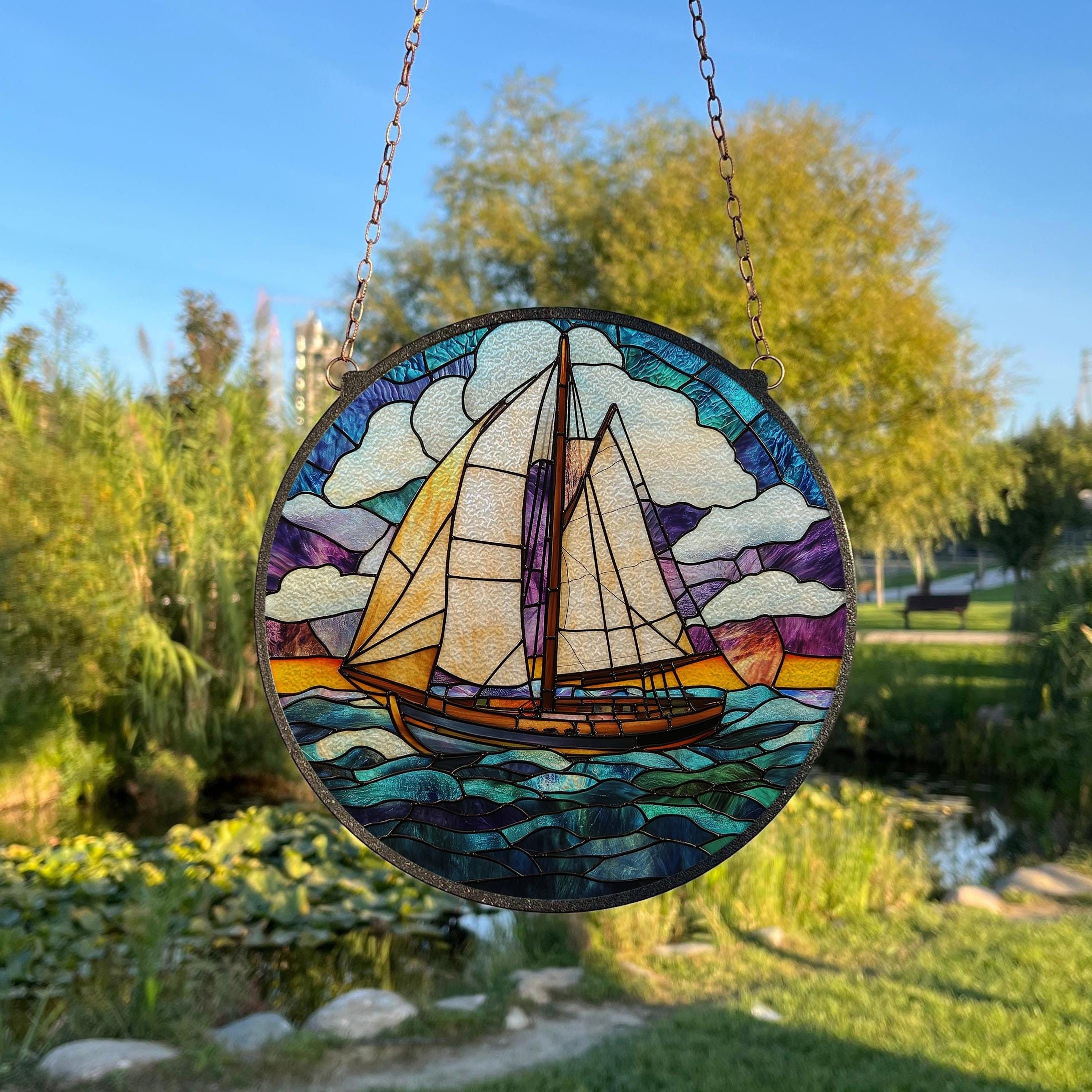 Sailboat Painted Stained Glass Suncatcher, Window Hanging Decor, Seascape Suncatcher Decor, Ocean Wall Decor, Sailboat Home Decor
