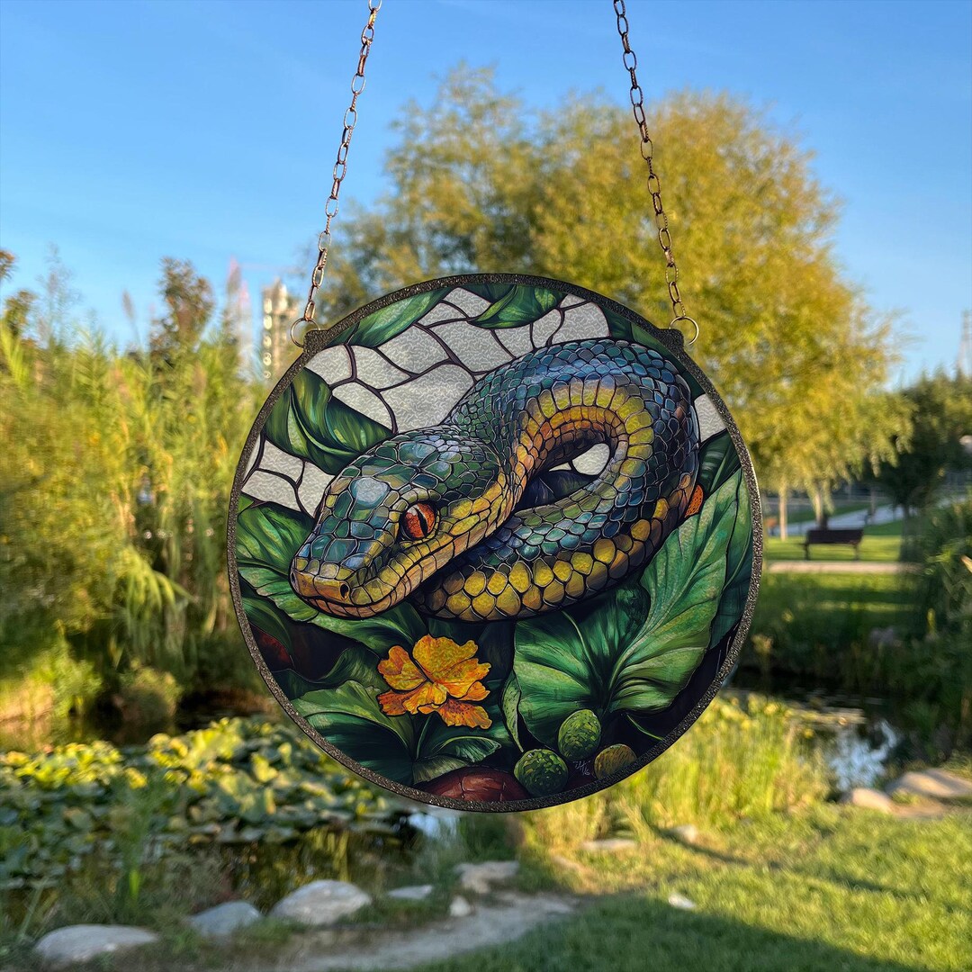 Snake Window Display Green Snake in the Forest Painted Stained Glass Suncatcher, Window ...