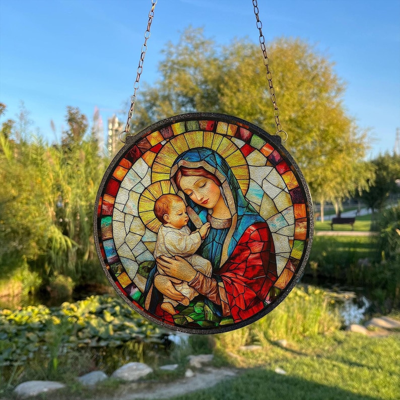 Virgin Mary Stained Glass Style Wall and Window Decoration, Suncatcher Wall Art, Indoor Decor, Christian Home Decor, Catholic Window Hanging