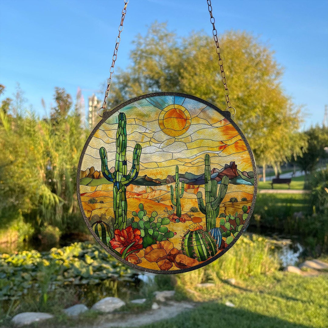 Painted Stained Glass Suncatcher, Desert Cactus Decor - Etsy