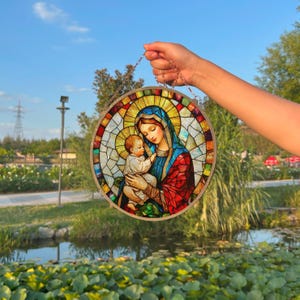 Virgin Mary Stained Glass Style Suncatcher, Religious Window Wall Art ...