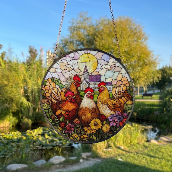 Backyard Chickens Stained Glass Suncatcher, Farmhouse Window Hanging Decor, Outdoor Sun Catcher Decor, Farm Animals Window Decor