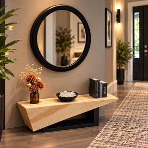 May include: A round black-framed wall mirror hangs above a light-colored wooden bench with an angled base. On the bench sits a glass vase with orange and gold flowers, a black bowl filled with white stones, and three books titled Leonardo da Vinci, Historic Art, and Coco.