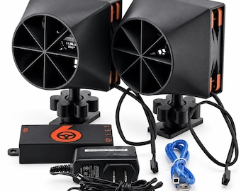 May include: Two black automotive horn units with circular grilles and orange accents, mounted on adjustable stands. Includes a black control box with an orange steering wheel logo, a power adapter, and a blue USB cable for electrical connectivity.