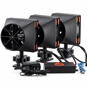 May include: Three black computer cooling fans with orange accents, each mounted on a black adjustable stand. The set includes a black power adapter with a cord and a rectangular black control box featuring an orange logo, plus a blue USB cable.