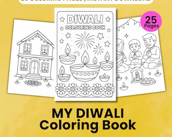 May include: A coloring book with the title "MY DIWALI Coloring Book" featuring line drawings of Diwali celebrations. The cover shows a house, diyas, and fireworks. The book includes 25 coloring pages, perfect for toddlers and preschoolers. The prints are 8.5 x 11 inches.