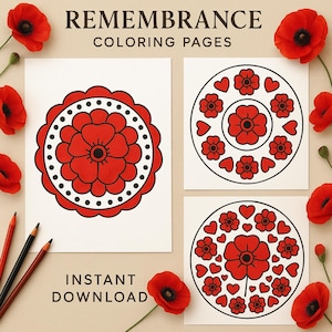 Può includere: Tre pagine da colorare a tema papavero con disegni rossi e neri. Le pagine sono circondate da papaveri rossi e matite. Il testo "REMEMBERANCE COLORING PAGES" e "INSTANT DOWNLOAD" è visualizzato.