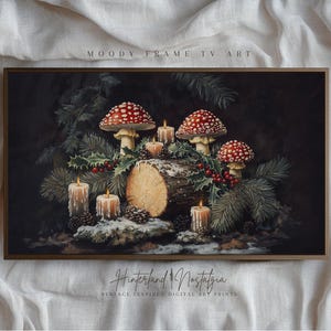 Moody Mushroom Log Christmas Candle Still Life | Aesthetic Frame TV Art | Instant TV Art | Vintage Oil Painting | Digital File Download