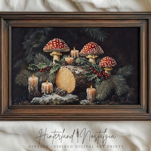 Moody Vintage Mushroom Log Christmas Candle Still Life  | Landscape Painting | Canvas Oil Painting | Fine Art Print | Digital File Download