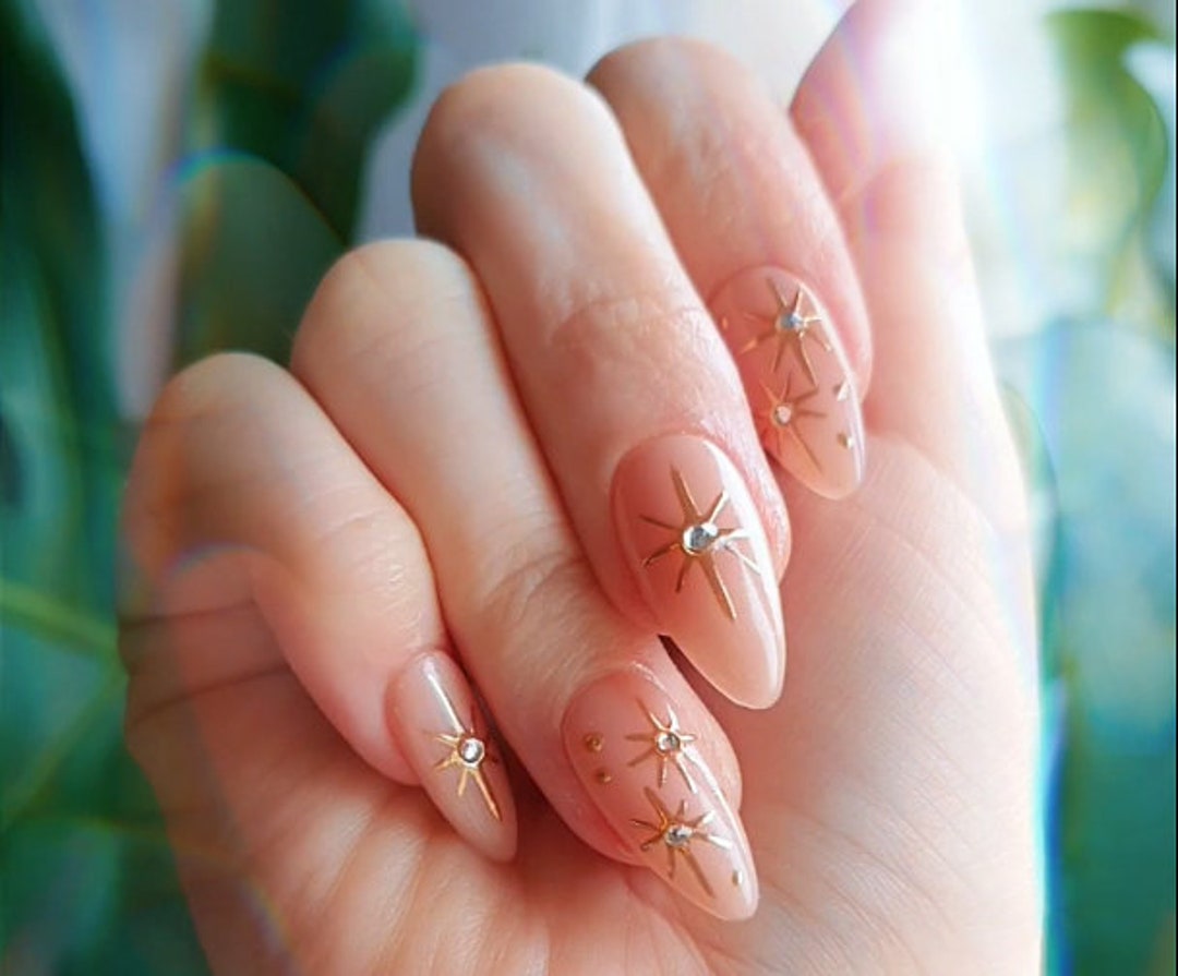 Hand painted Witchy Nude  or Black Blush Gold Stars with Crystals Fake Press-On Nails Set of 10