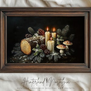 Moody Vintage Christmas Yule Log Pine Branch Still Life  | Landscape Painting | Canvas Oil Painting | Fine Art Print | Digital File Download