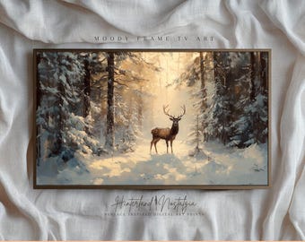 Moody Stag Winter Forest | Aesthetic Frame TV Art | Moody Landscape Painting | Instant TV Art | Vintage Oil Painting | Digital File Download