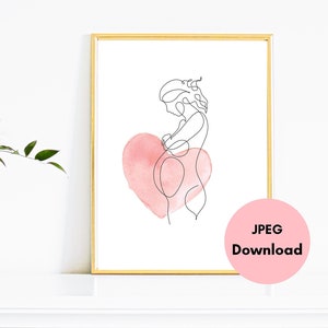 Kobieta w ciąży Line Art Print, Brzuch ciążowy Kobieca postać Kontur Kolor, Line Art Print, Wystrój pokoju dziecięcego, Baby Shower, Do druku cyfrowego