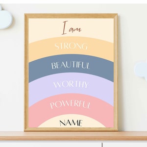 Personalized Rainbow Affirmations Print, I am strong, Inspirational Nursery Decor, PRINTABLE Wall Art, DIGITAL DOWNLOAD, for her, for kids