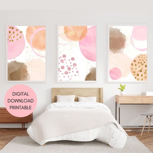Conjunto de 3 carteles de arte abstracto, decoración de pared, descarga digital, póster de acuarela imprimible, marrón rosa naranja, sala estética, color pastel
