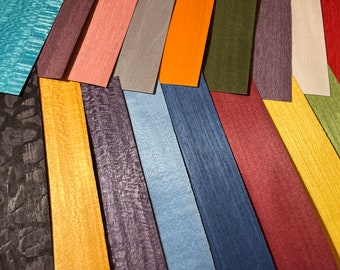 24” long dyed wood veneers. Complete saturation through and through. Beautiful and bright multi-color veneers. Premium quality.