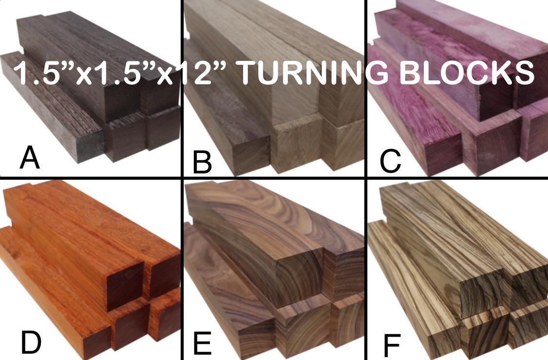 1.5”x1.5”x12” Solid exotic hardwood turning blocks. Padauk, Purpleheart, Wenge, Walnut, Rosewood, Zebrawood,  Total of 6 pieces.
