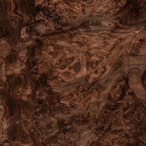 May include: Close-up of a richly textured wood grain pattern. The wood features a complex, swirling design with shades of brown and dark brown, creating a natural, organic aesthetic. Ideal for woodworking projects.