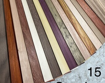 15 Different Species of 3”x 24”x1/8” thick Exotic and Domestic solid hardwoods. Variety Pack, cnc, laser ready, Premium Quality