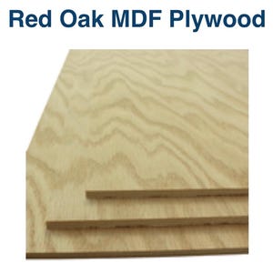 May include: Red Oak MDF Plywood. A close-up shot of a stack of red oak plywood sheets. The wood grain is visible, with a light brown color. The text "Red Oak MDF Plywood" is at the top of the image.
