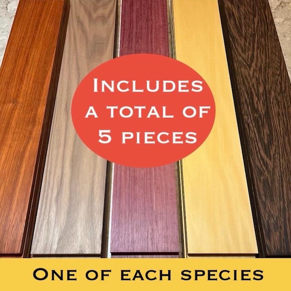 Padauk premium de 1/2” x 4” x 24”, corazón morado, wengué, nogal, corazón amarillo, total de 5 piezas. Corte láser, CNC, grabado, madera dura fina.