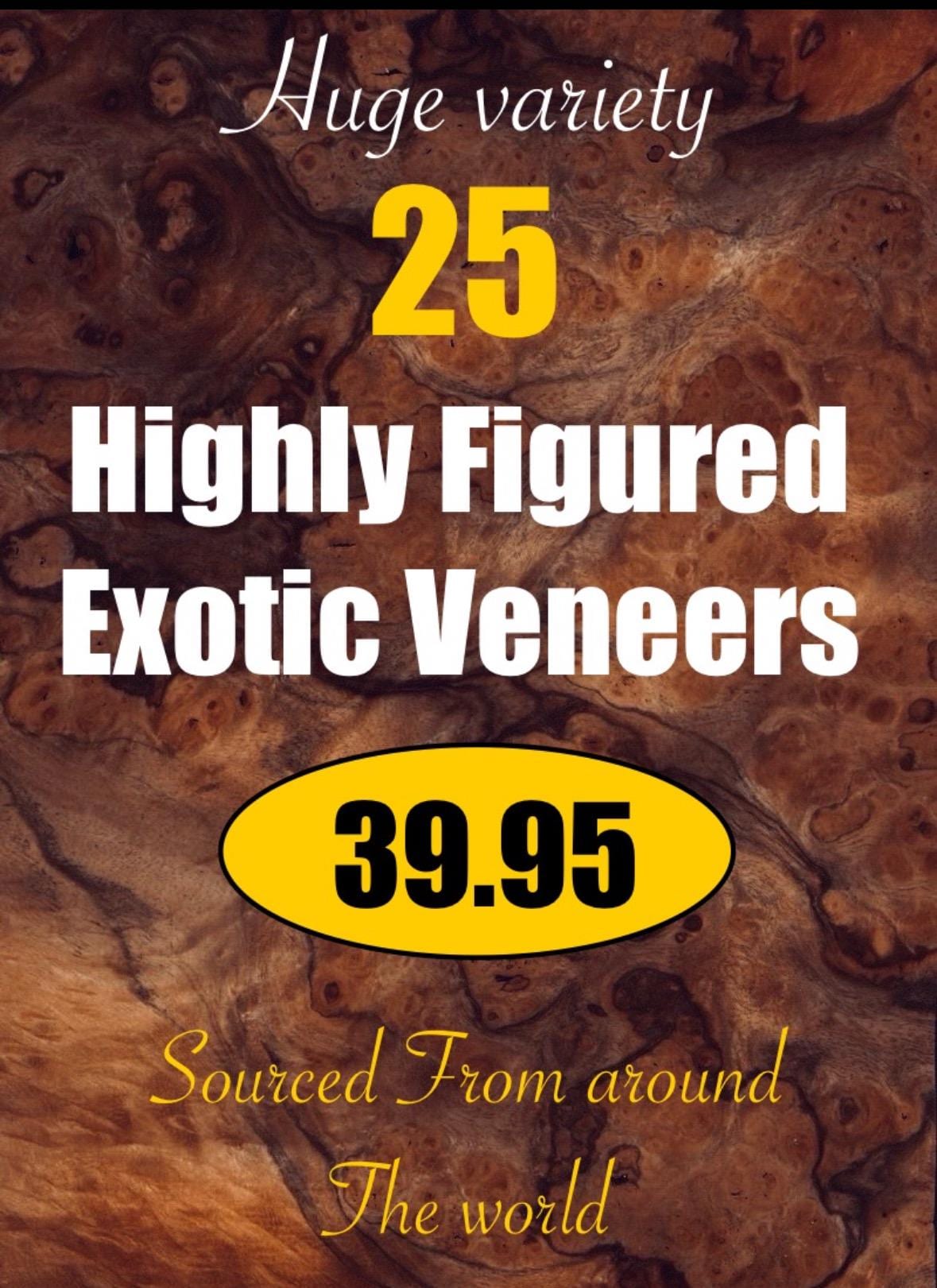 Exotic Highly Figured All Wood Veneer Sheets from around the world. 25 stunning sheets of premium wood veneers.