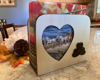 Wood napkin holder with 2 heart shaped photo frames  Choose from many finishes.