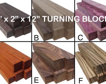 2”x2”x12” Solid exotic hardwood turning blocks. Padauk, Purpleheart, Wenge, Walnut, Rosewood, Zebrawood,  Total of 6 pieces.