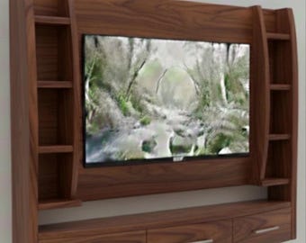 Curved Floating Wood TV console with shelves. TV Cabinet enclosure Custom floating wall or floor cabinet Original design