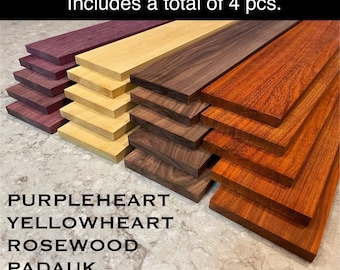 1/4”x4”x24” Exotic Rosewood Padauk Purpleheart Yellowheart solid hardwoods 4 pcs. laser engraving hardwood thins Premium Quality Ships 1 Day