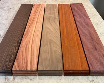 1/4”x4”x24” Padauk, Purpleheart, Wenge, Walnut, Bubinga, Total of 5 pcs. laser cutting, engraving, scrolling Exotic solid wood.