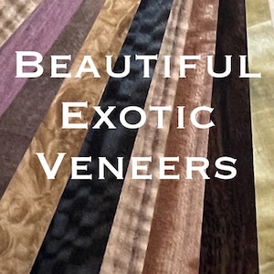 May include: A collection of beautiful exotic wood veneers in various colors and patterns. The veneers are arranged in a fan shape, with the text "BEAUTIFUL EXOTIC VENEERS" printed in white on top.