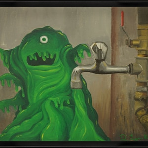 May include: A framed painting shows a green, cartoonish blob creature with one eye and a wide grin. It interacts with a chrome tap, from which green liquid flows. Brass pipes and a red-handled valve are in the background, set against a neutral wall.