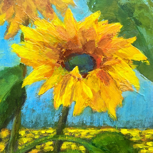 Sunflower in field, Sunflower, small floral painting, yellow flower, original unique painting, ooak, one of a kiind,sunflower art,floral art