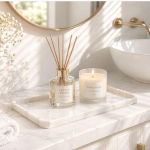 Natural Marble Vanity Tray, White, Rectangular, 22 x 13 x 2 cm, Decorative Countertop Organiser for Cosmetics, Perfume, Candles