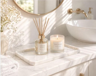 Natural Marble Vanity Tray, White, Rectangular, 22 x 13 x 2 cm, Decorative Countertop Organiser for Cosmetics, Perfume, Candles