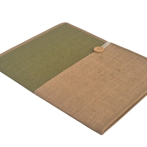 May include: A rectangular document folder featuring a two-tone design with a textured olive green fabric on the left and a natural tan burlap fabric on the right. The folder is secured with a light beige elastic band and a single round wooden button.