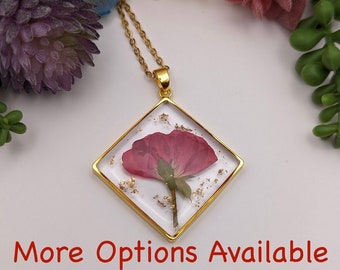 Real Flower Handmade Necklace, Pressed Resin Pendant Necklace, Wedding Birthday Gift,Dried Flower Resin, Birthday Gift, Mothers Day Gift