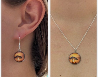 Tree Sunset  (Necklace, Earrings, Keychain) - Unique Jewelry - Custom Jewelry