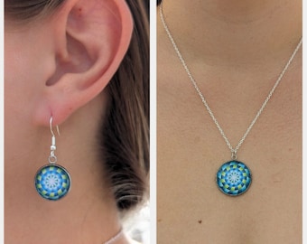 Blue and Green Pinwheel Style (Necklace, Earrings, Keychain) - Unique Jewelry - Custom Jewelry