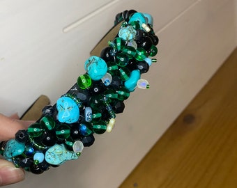 Blue/green, gem/beaded fashion headband