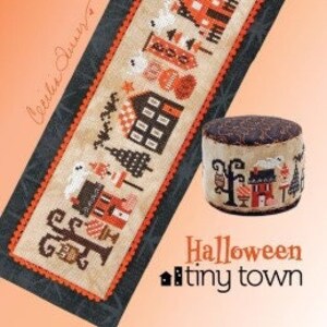 May include: Cross stitch pattern for a Halloween themed "tiny town" with houses, trees, and ghosts. The pattern is on a beige fabric with orange and black accents. The pattern is from Heart in Hand Needlework.