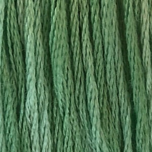 May include: Close-up of a bundle of green embroidery floss. The floss is a variegated green color, with shades of light and dark green. The text "Fancy Green Nancy" is printed on a white label at the bottom of the image.