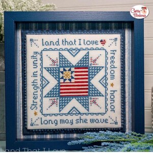 May include: A framed cross-stitch design featuring a blue and white star with a red, white, and blue American flag in the center. The text around the star reads "Strength in unity, Land that I love, long may she wave, Freedom, Honor".