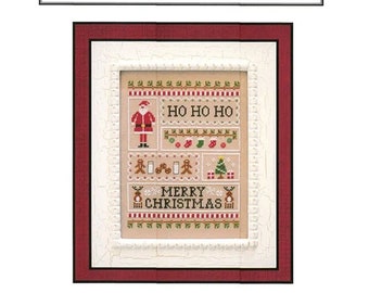 Pode incluir: Padrão de ponto cruz para um sampler de Natal com Papai Noel, renas, uma árvore de Natal e o texto "HO HO HO" e "MERRY CHRISTMAS". O padrão é intitulado "Santa's Sampler" e é de Country Cottage Needleworks.